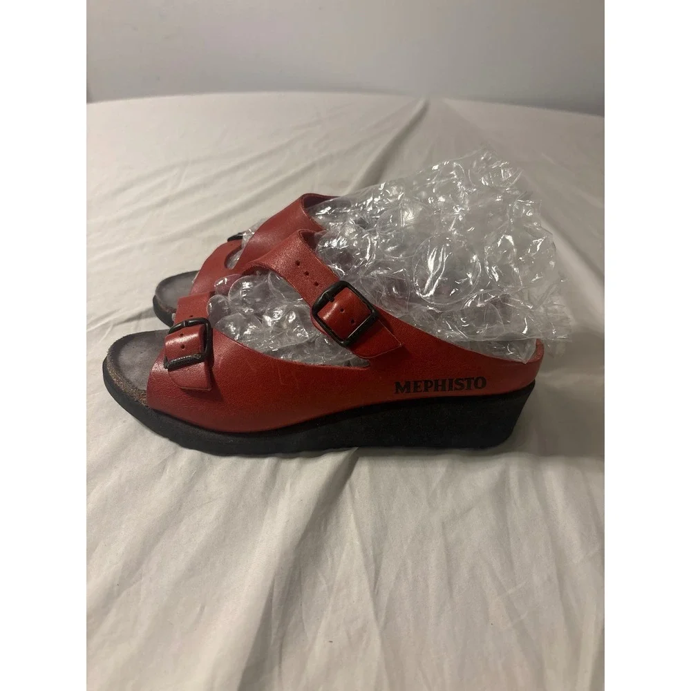Mephisto Wedge Sandals Womens 38 Red Leather Buckle Slide Excellent Comfort
